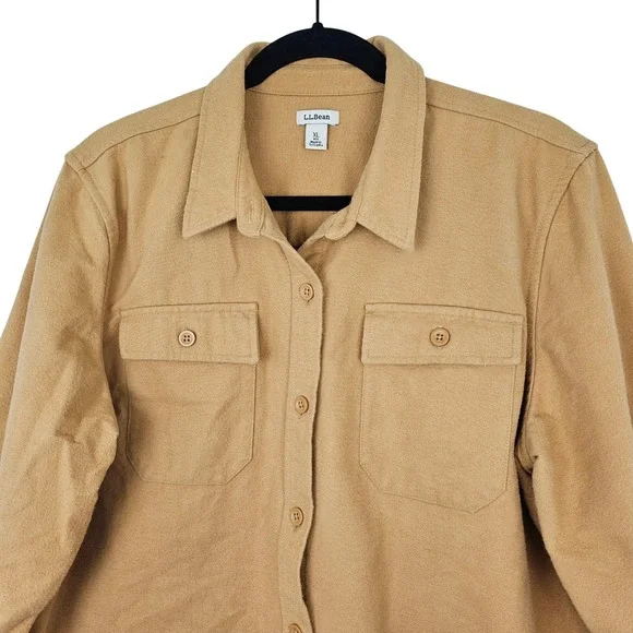 LL Bean Men's XL Traditional Fit Chamois Flannel Shirt Tan Heavyweight Button Up - Picture 4 of 7